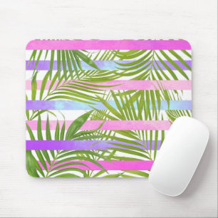 Tapis De Souris Tropical palm trees modern pink violet stripes