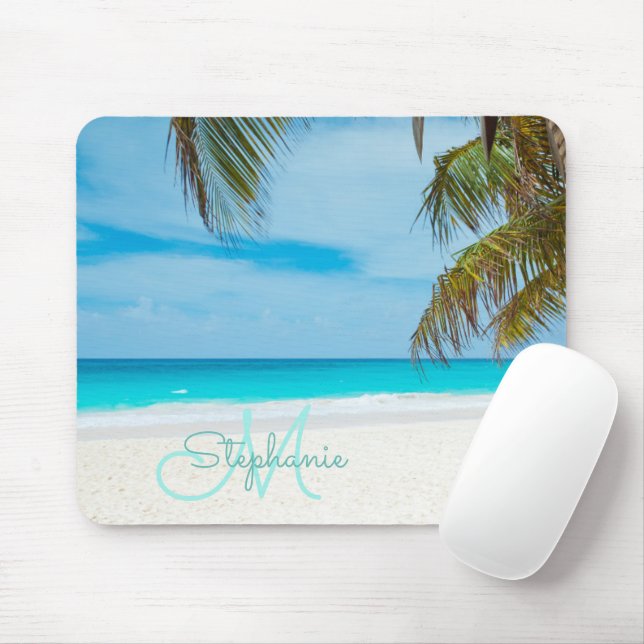 Tapis De Souris Tropical Sandy Beach Turquoise Monogramme Texte Pa (Avec souris)