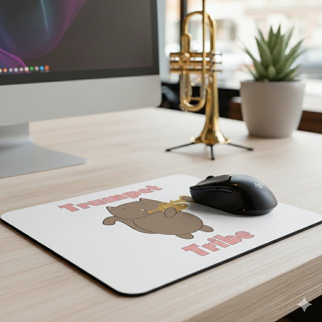 Tapis De Souris Trumpet Tribe Brown Cat Pink (A mouse pad featuring a brown cat playing the trumpet and the words trumpet tribe in pink.)