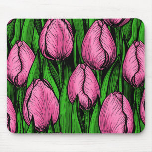 Tapis De Souris Tulières roses avec feuilles verts