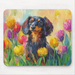 Tapis De Souris Tulipes colorées Dachshund mignonne Peinture
