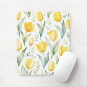 Tapis De Souris Tulipes jaunes Peinture florale aquarelle Botaniqu
