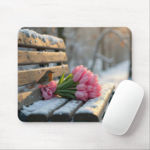 Tapis De Souris Tulipes printanières et Robin sur un banc de parc