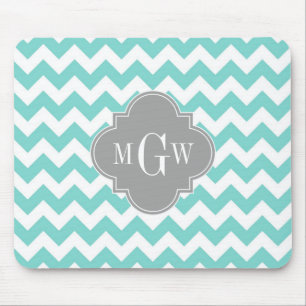 Tapis De Souris Turq / Aqua Wht Chevron Gris 3 Monogramme initial