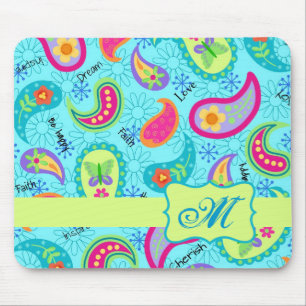 Tapis De Souris Turquoise Bleu Vert Moderne Paisley Monogramme