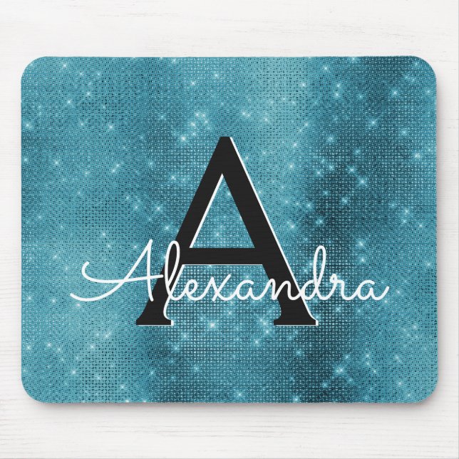 Tapis De Souris Turquoise Blue Sparkle Girl Monogramme Nom (Devant)