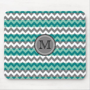 Tapis De Souris Turquoise et Gris Chevron Zigzag Monogramme #2