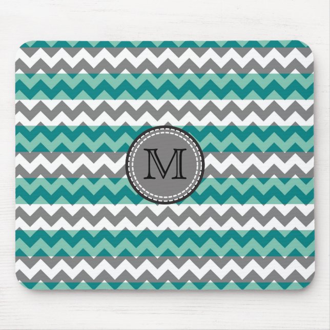 Tapis De Souris Turquoise et Gris Chevron Zigzag Monogramme #2 (Devant)
