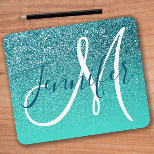 Tapis De Souris Turquoise Ombre Teal Faux Paillettes Monogramme