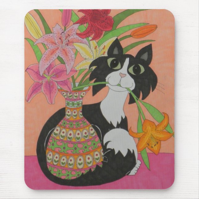 Tapis De Souris Tuxedo Chat avec Lilies (Devant)