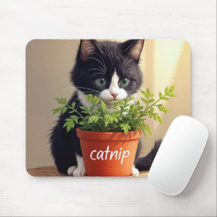 Tapis De Souris Tuxedo Chat Avec Plante Catnip
