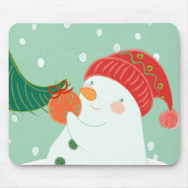 Tapis De Souris Un bonhomme de neige accrochant un ornement sur un (Devant)