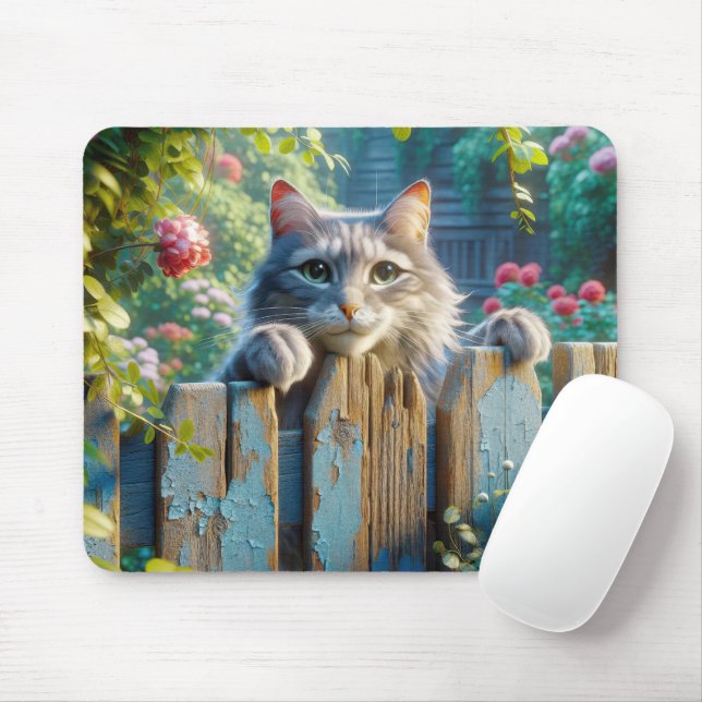 Tapis De Souris Un chat qui regarde au-dessus d'une clôture (Avec souris)