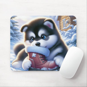 Tapis De Souris Un chiot joue avec une botte d'hiver couverte de n
