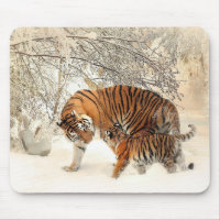 Un Tigre Et Un Petit Dans La Forêt De Neige Mousep