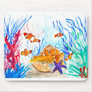 Tapis De Souris Under the sea watercolor fish ocean coastal sea