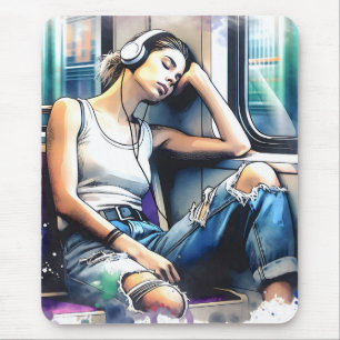 Tapis De Souris Une femme qui dort dans le métro à écouter de la m