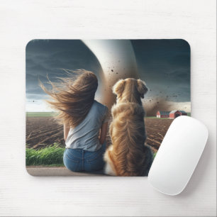 Tapis De Souris Une fille et un chien qui regarde une tornade