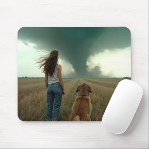 Tapis De Souris Une jeune femme et un chien regardent une tornade