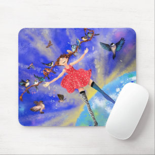 Tapis De Souris Une joyeuse fille aux oiseaux