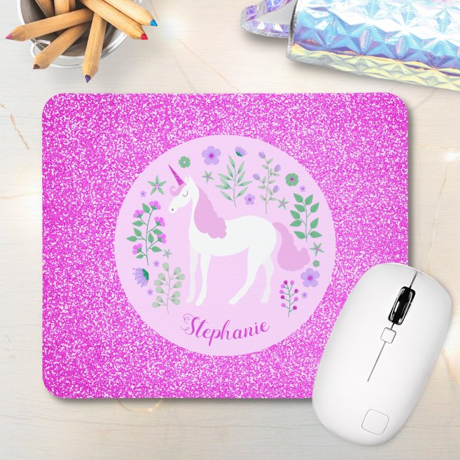 Tapis De Souris Unicorn Parties scintillant rose Nom personnalisé (Créateur téléchargé)