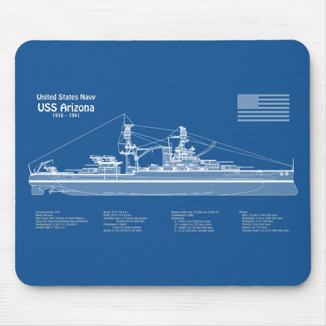 Tapis De Souris USS Arizona - Plan de plan d'expédition ABD (Devant)