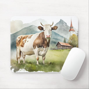Tapis De Souris Vache Aquarelle Dans La Vallée De La Montagne