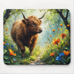 Tapis De Souris Vache des Highlands dans les bois avec des fleurs