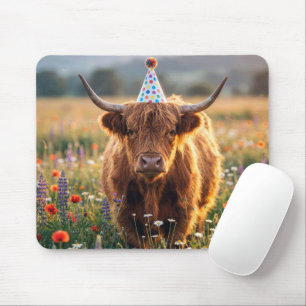 Tapis De Souris Vache des Highlands portant un chapeau de fête d'a
