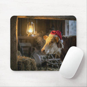 Tapis De Souris Vache Hereford de Noël dans une grange