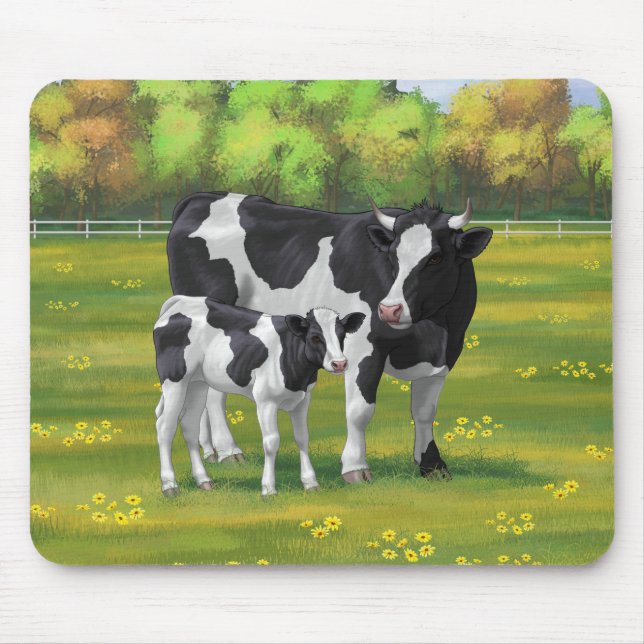 Tapis De Souris Vache Holstein et veau coudu dans le pâturage d'ét (Devant)