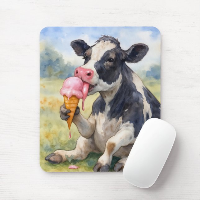 Tapis De Souris Vache lèche un cône de crème glacée à la goutte (Avec souris)