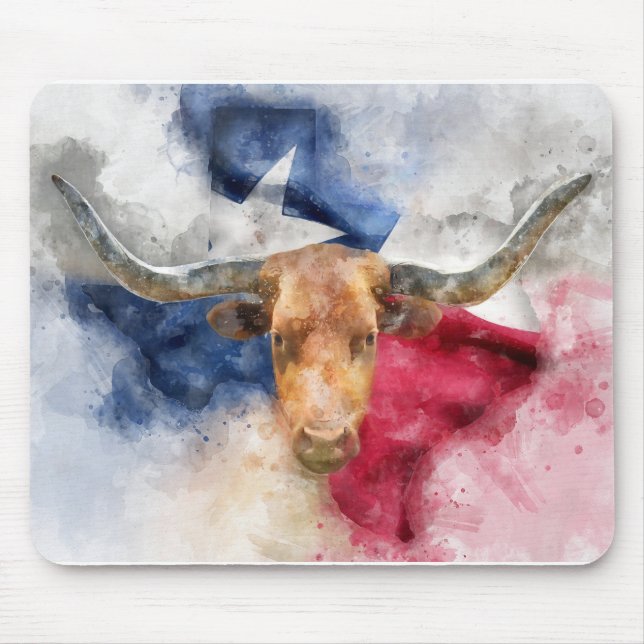 Tapis De Souris Vache Longhorn avec Texas Drapeau Carte Aquarelle (Devant)