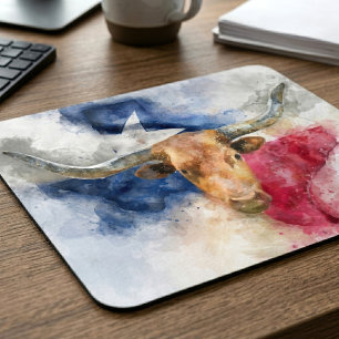 Tapis De Souris Vache Longhorn avec Texas Drapeau Carte Aquarelle