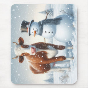 Tapis De Souris Vache mignonne et bonhomme de neige dans le champ