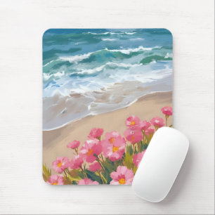 Tapis De Souris Vagues de plage peinture aquarelle rose florale ri