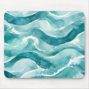 Tapis De Souris Vagues océaniques abstraites aquarelle turquoise