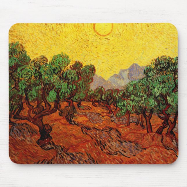 Tapis De Souris Van Gogh Oliviers avec ciel jaune et soleil (Devant)