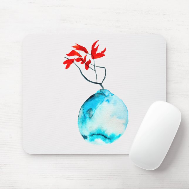 Tapis De Souris Vase bleu aquarelle ikebana (Avec souris)