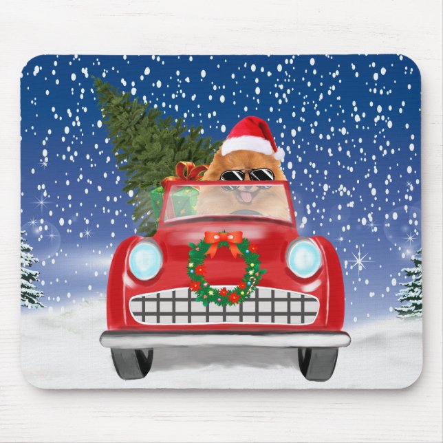 Tapis De Souris Véhicule De Conduite De Chien Poméranien En Noël D (Devant)