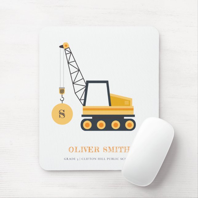 Tapis De Souris Véhicule de grue de construction jaune Monogrammes (Avec souris)