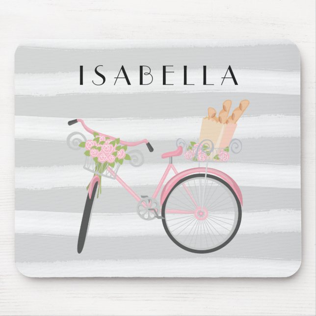 Tapis De Souris Vélo rose avec du pain français et l'aquarelle (Devant)