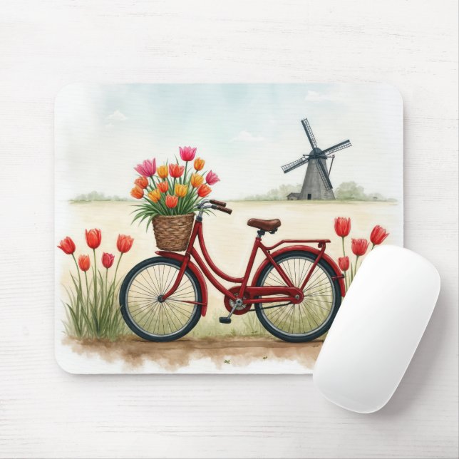 Tapis De Souris Vélo Rouge Avec Tulipes Néerlandaises (Avec souris)