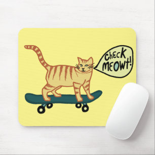 Tapis De Souris VÉRIFIER MEOWT Skateboard Tabby Cat Jaune