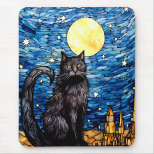 Tapis De Souris Verre tendu Chat noir Starry nuit