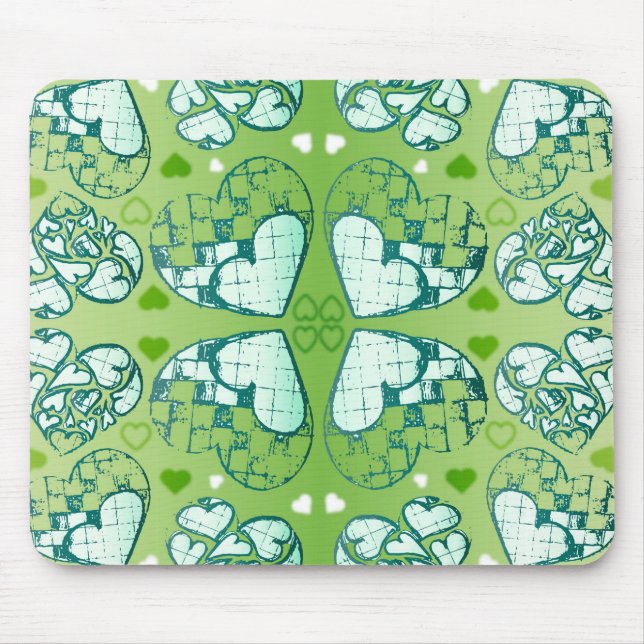 Tapis De Souris Vert et blanc Whimsical Romantique Coeurs motif (Devant)