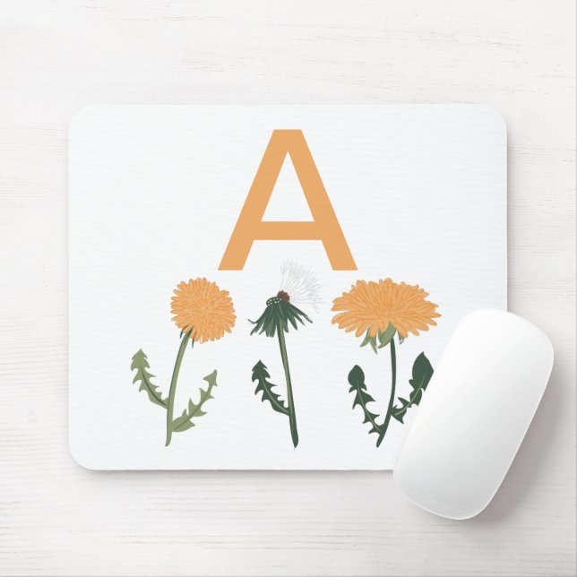 Tapis De Souris Vibrant Orange Vert Dandelion Fleurs Monogramme (Avec souris)