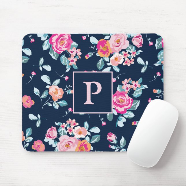 Tapis De Souris Vibrant rose Roses Floral Monogramme (Avec souris)