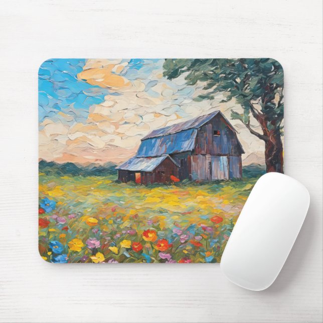 Tapis De Souris Vieille Grange Dans Le Champ Fleur sauvage (Avec souris)