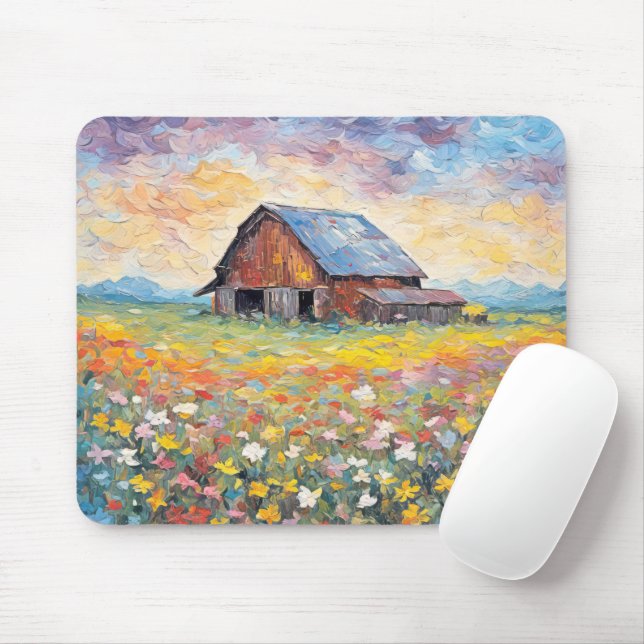 Tapis De Souris Vieille Grange Dans Le Champ Fleur sauvage (Avec souris)